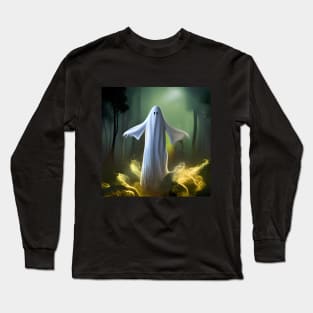 Spooky White Ghost in Forest Long Sleeve T-Shirt